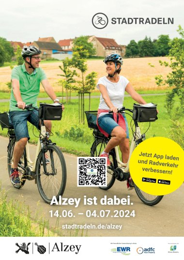 Ein Plakat auf dem ein Mann und eine Frau auf ihren Fahrrädern durch die rheinhessische Natur fahren.